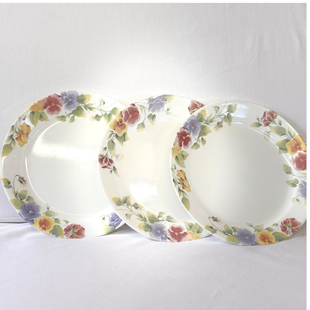Corelle Summer Pansies Dinner Plates Set of 3 Corning Vitrelle Floral White 10in - Picture 2 of 3
